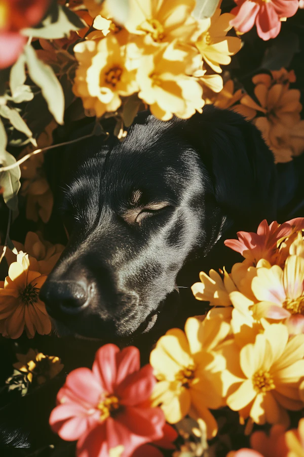 Dog Among Flowers