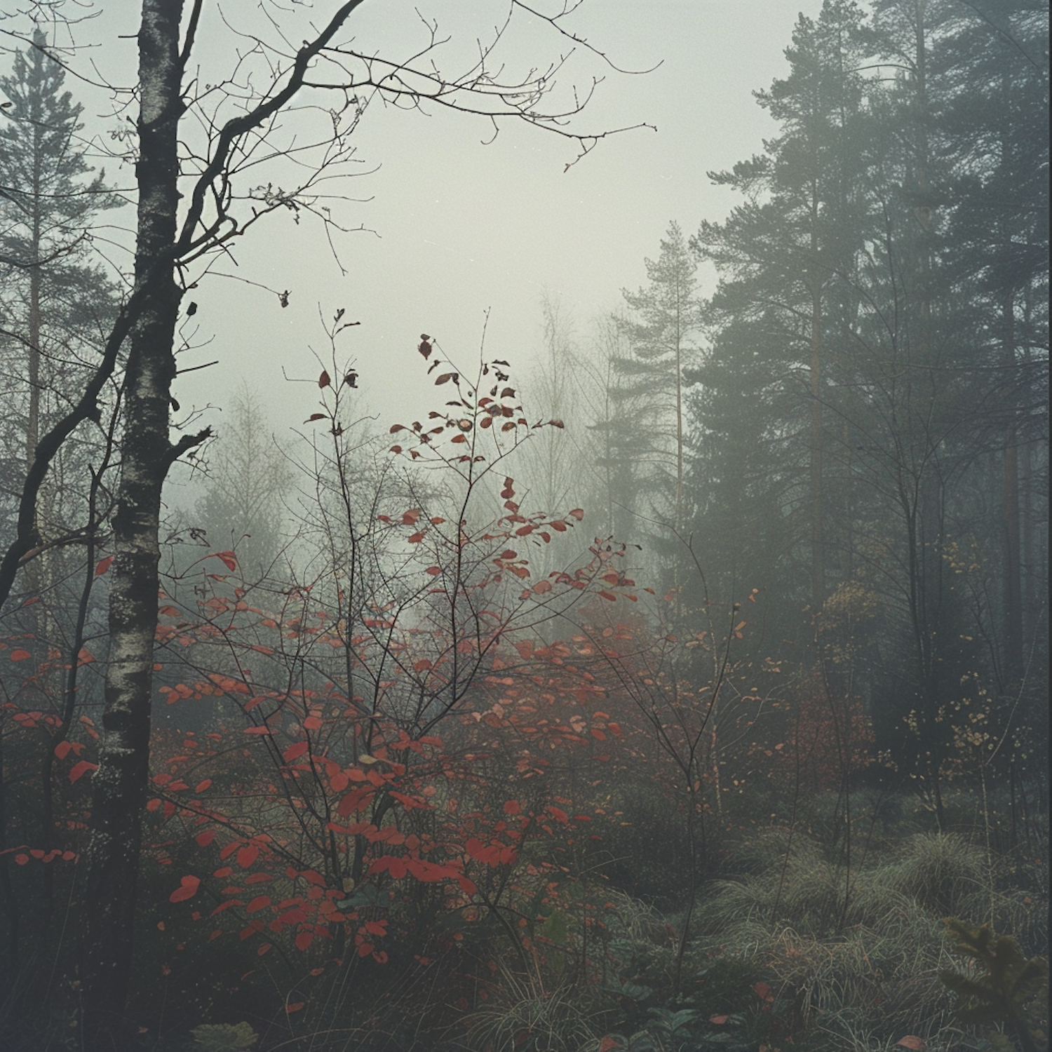 Tranquil Red-Leaved Forest in Fog