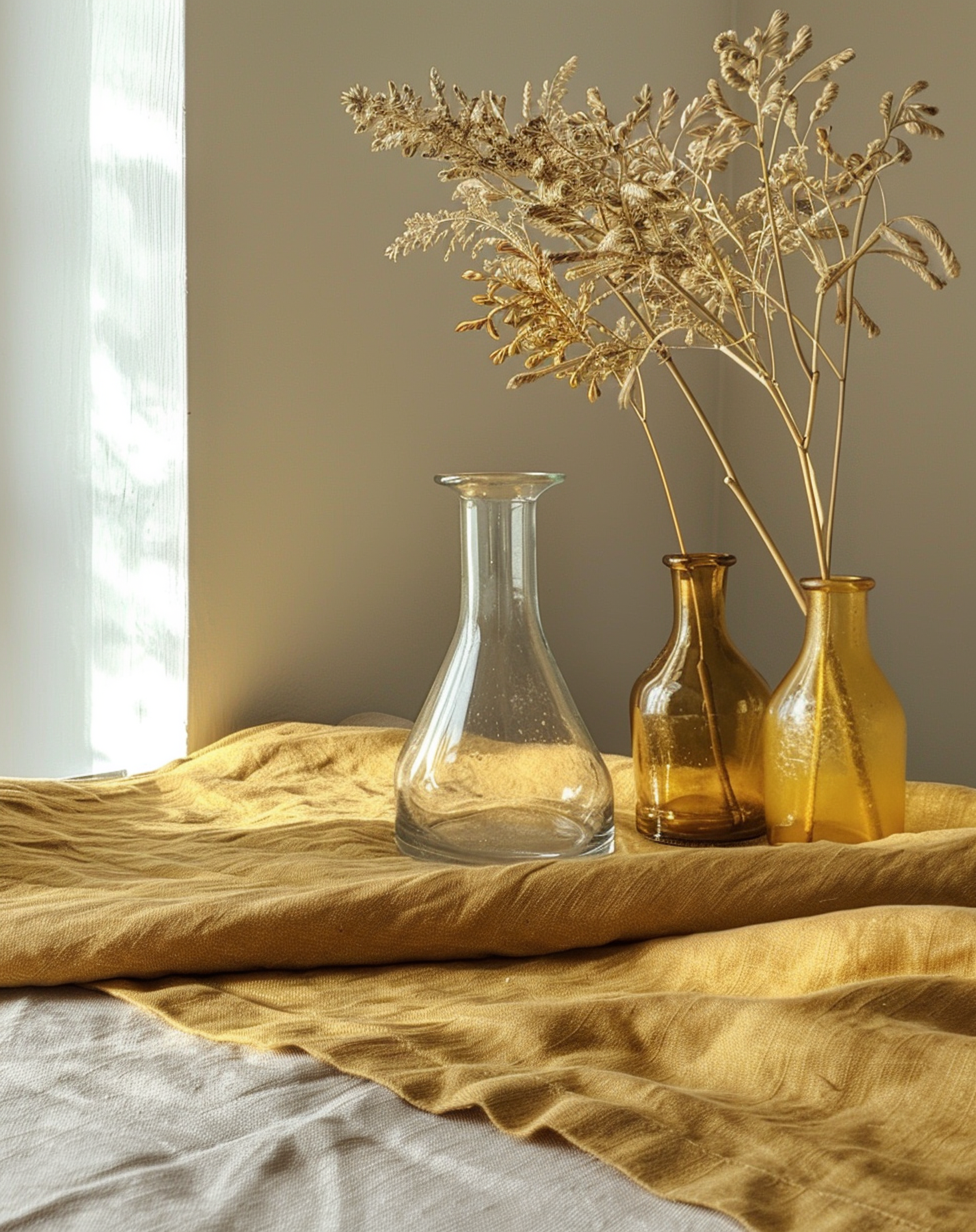 Elegant Glass Vases on Golden Fabric