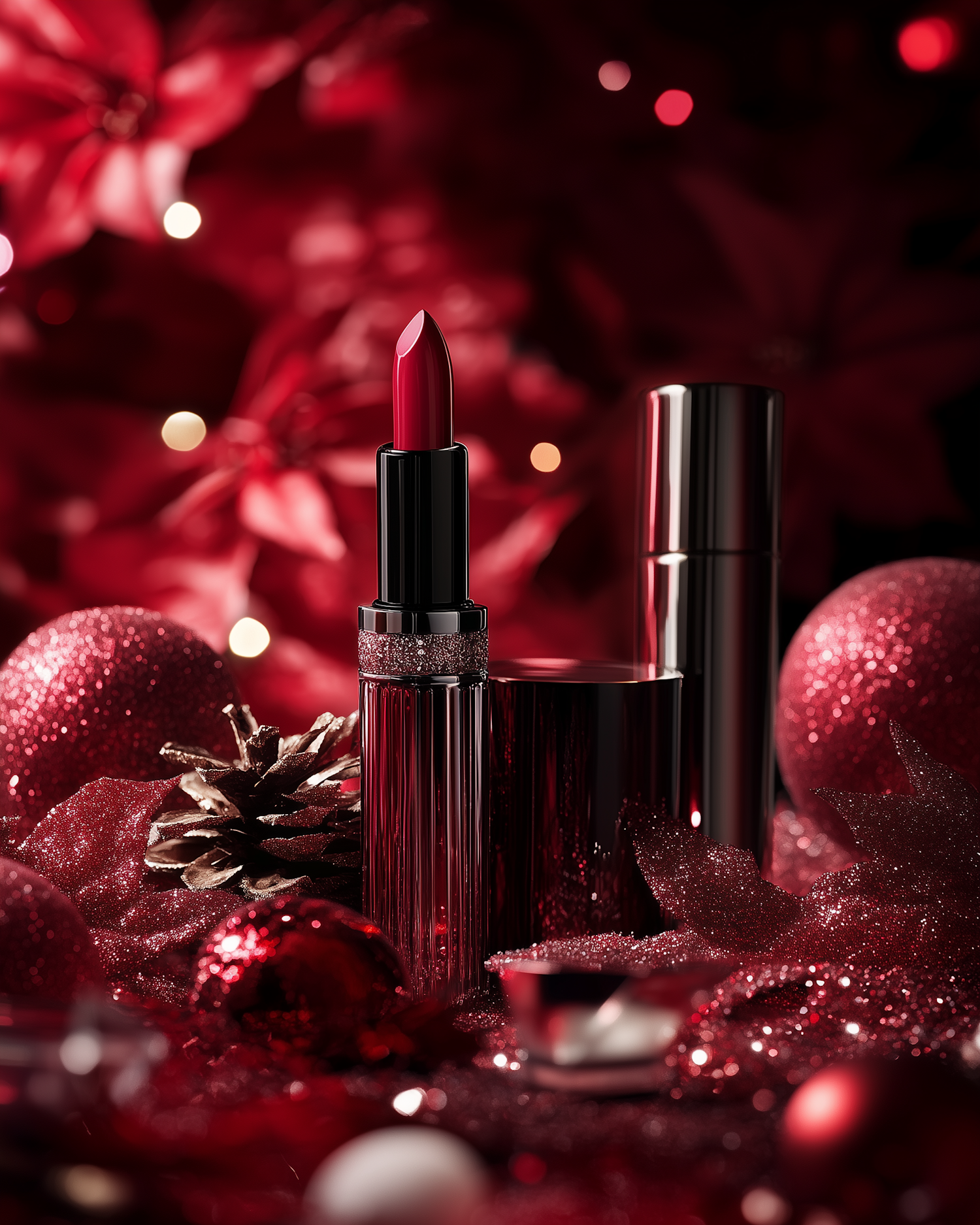 Luxurious Red Lipstick with Festive Elements