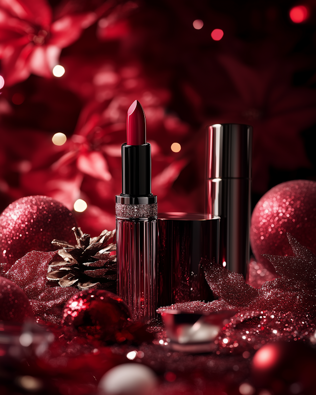 Luxurious Red Lipstick with Festive Elements