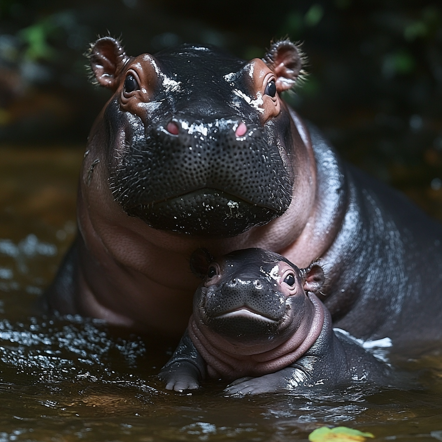 Mother and Calf Hippopotamus in Shallow Water