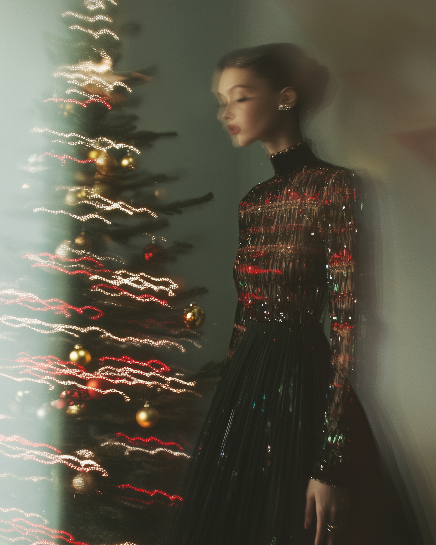 Elegant Woman by Christmas Tree