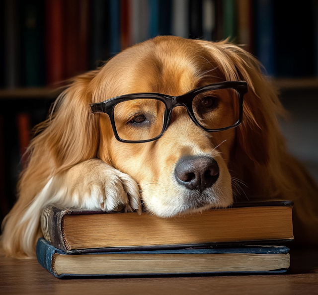 Contemplative Golden Retriever with Glasses