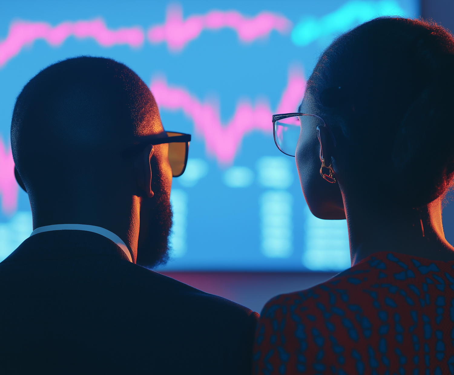 Contemplative Couple Against Neon Background