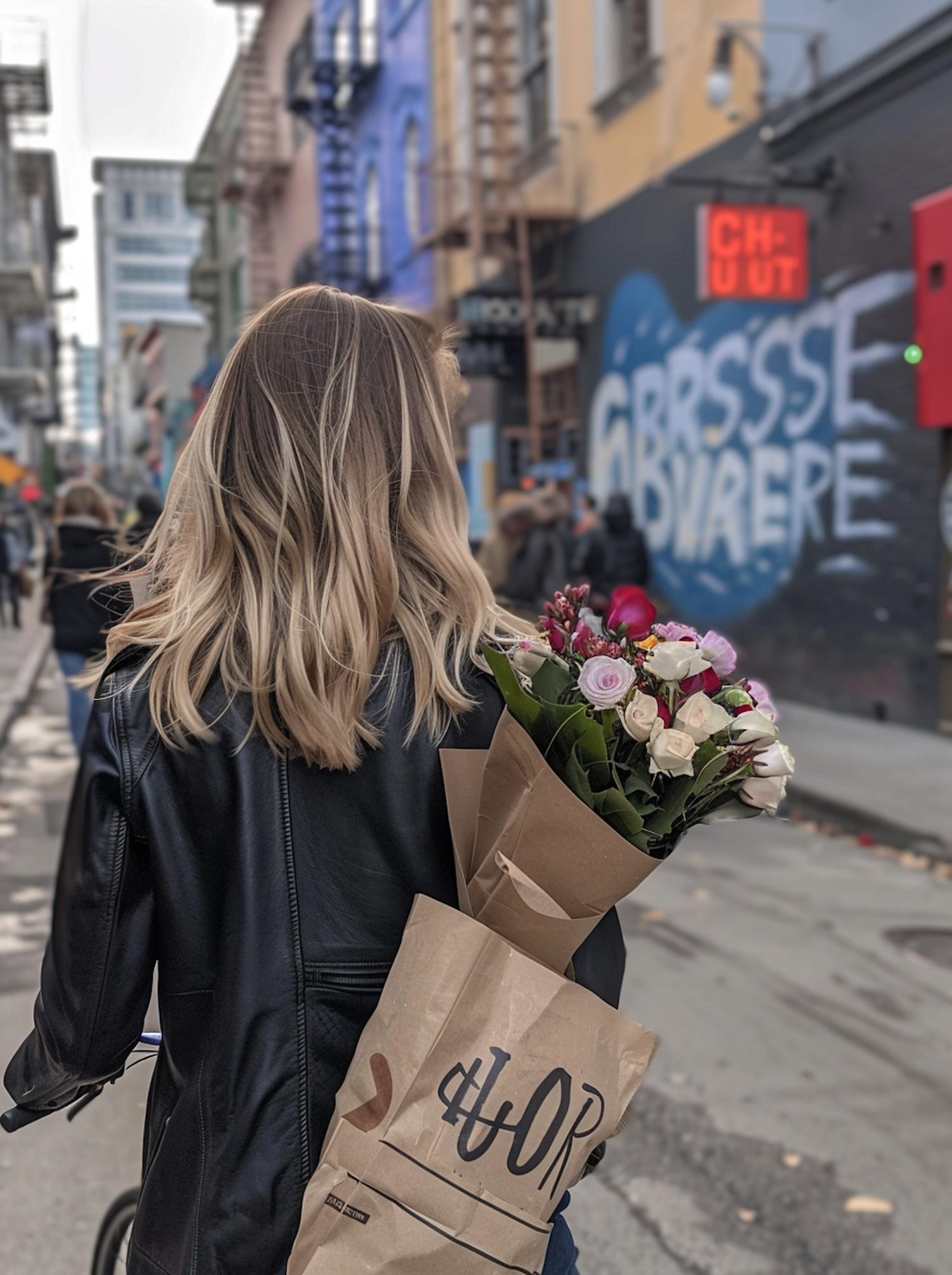 Woman Walking in City with Bouquet