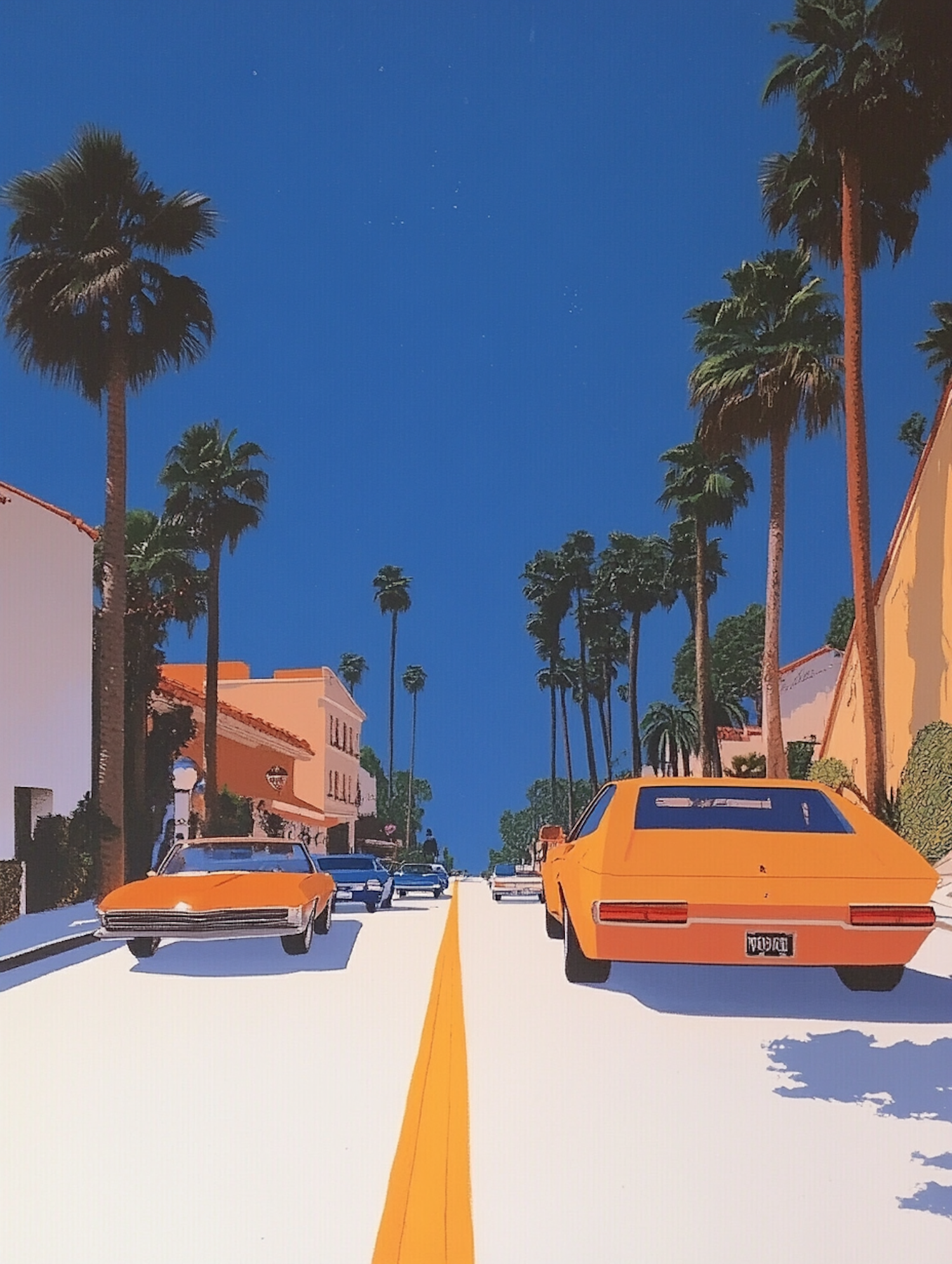 Vibrant Street Scene with Orange Cars