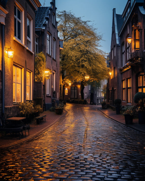 Twilight Serenity on a Rain-Kissed Cobblestone Street