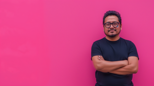 Confident Casual Man with Glasses on Pink