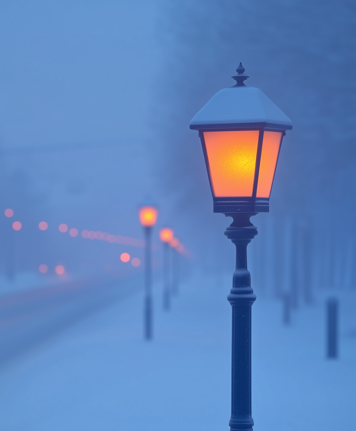 Serene Winter Scene with Vintage Street Lamps