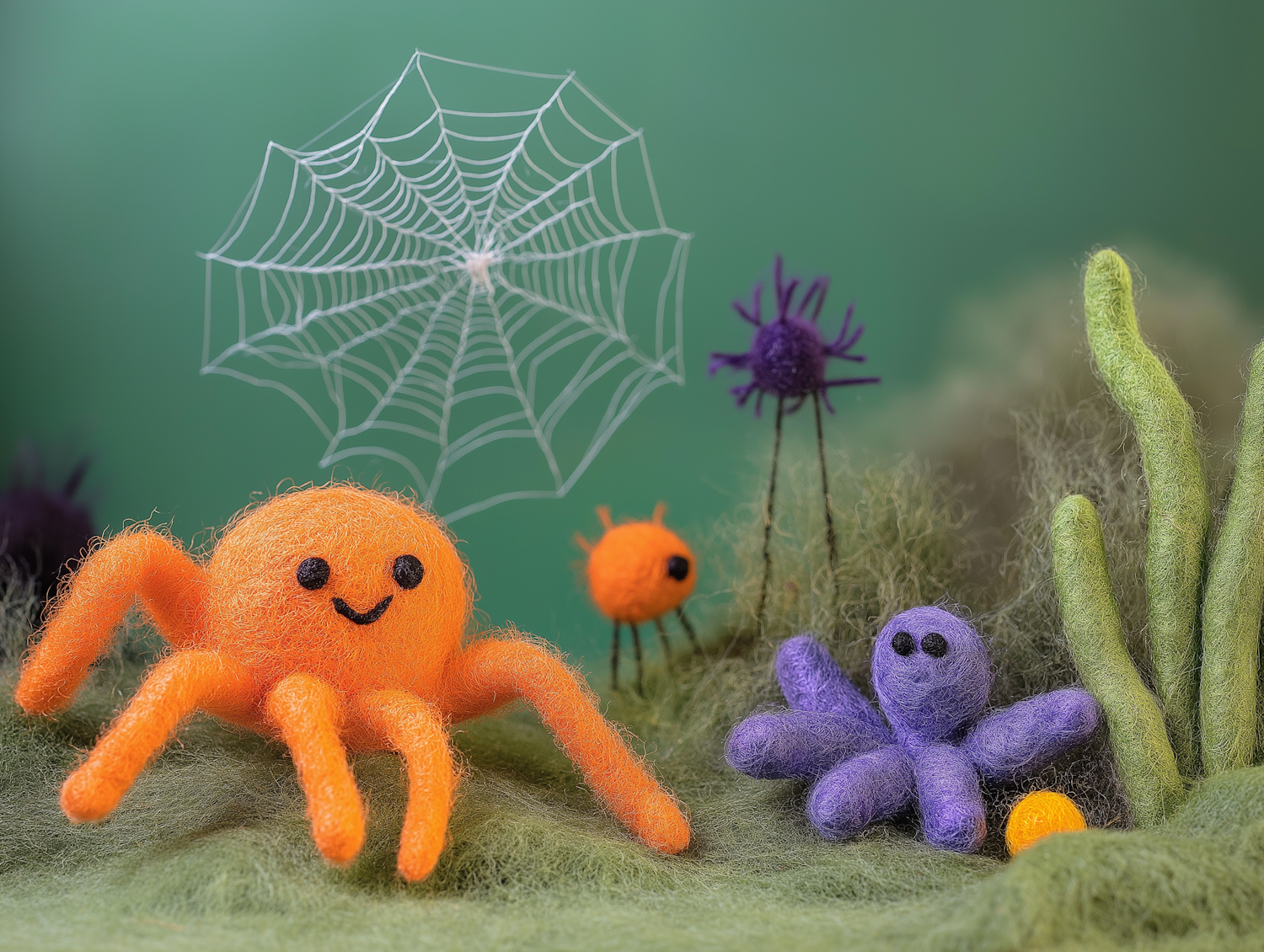 Whimsical Felted Spider Scene