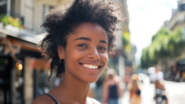 Joyous Young Woman in Sunlit Street