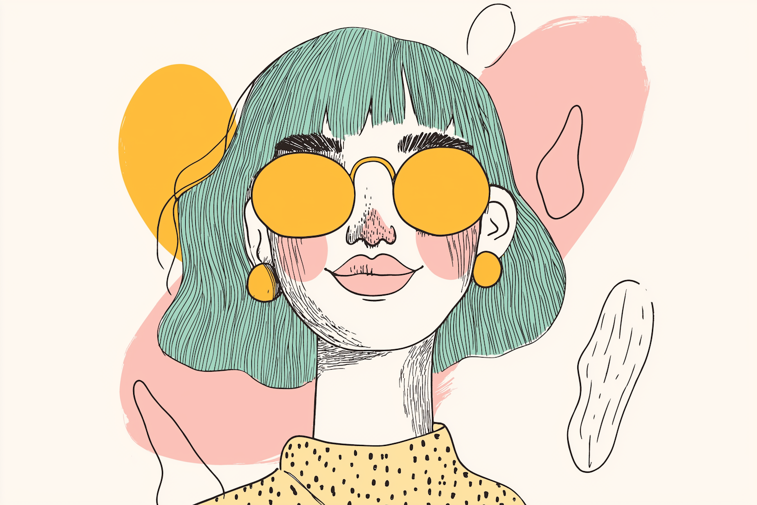 Stylized Portrait with Teal Hair and Yellow Sunglasses