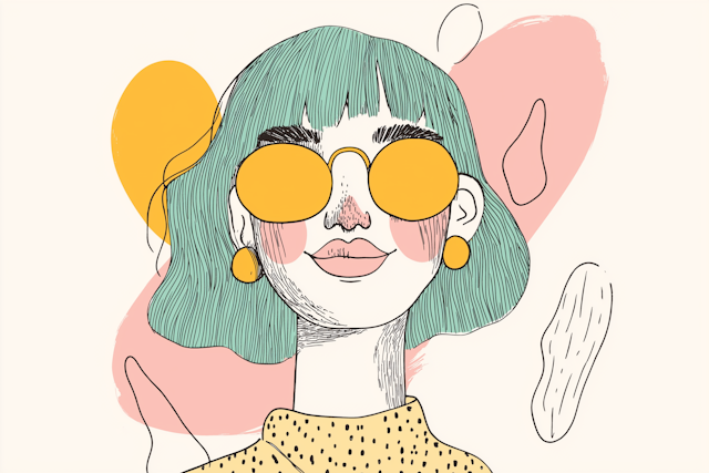 Stylized Portrait with Teal Hair and Yellow Sunglasses