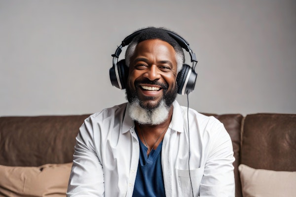 Cheerful African-American Man Relaxing with Headphones