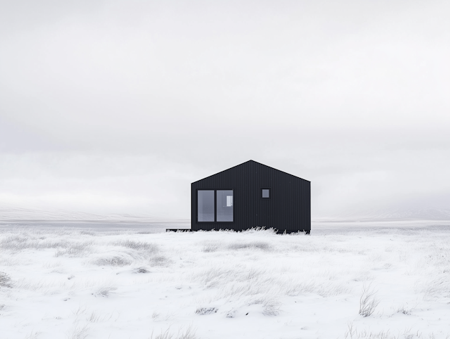 Solitary Modern Black Cabin in Snowy Landscape