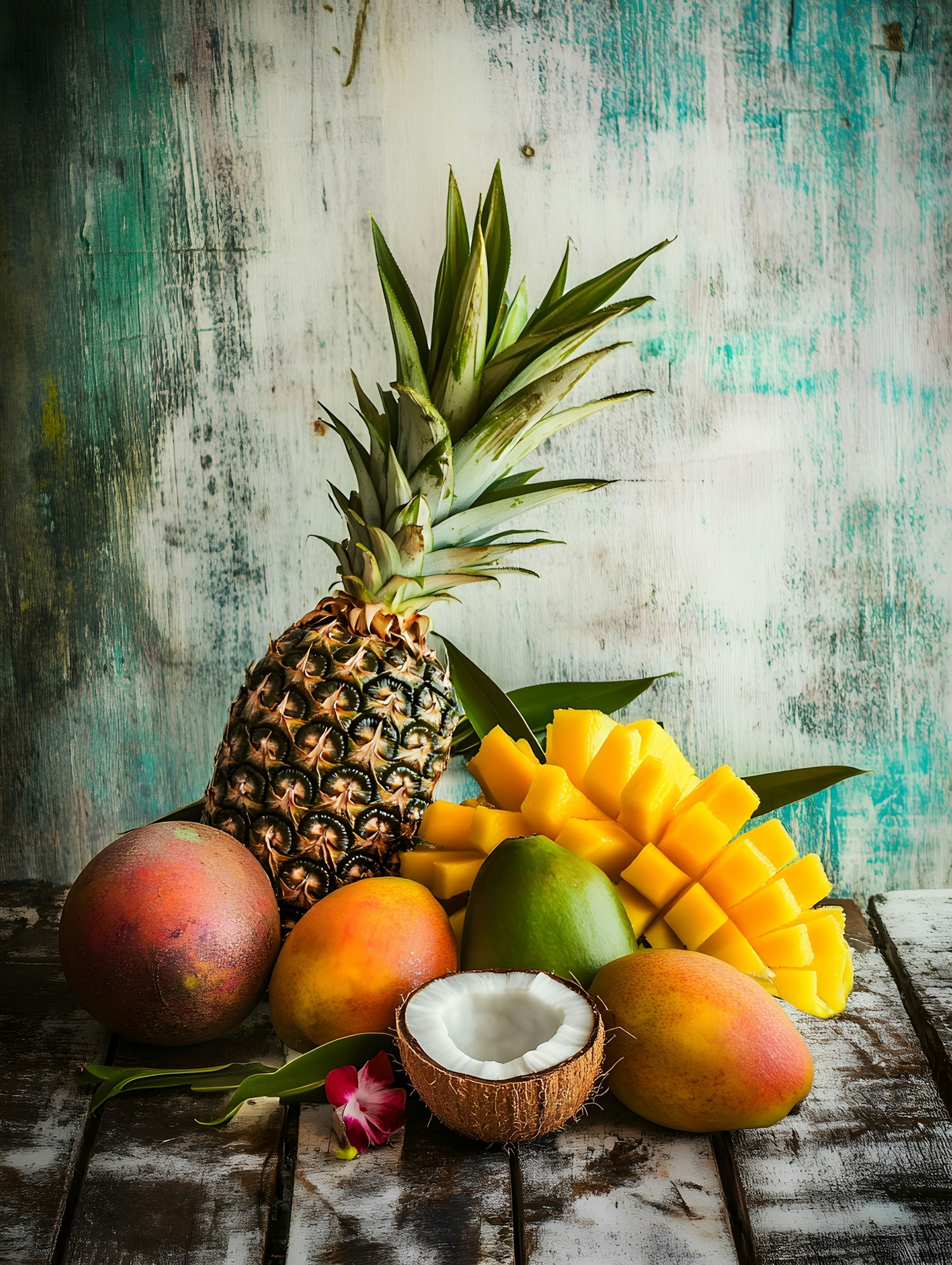 Tropical Fruit Still Life on Turquoise Wood