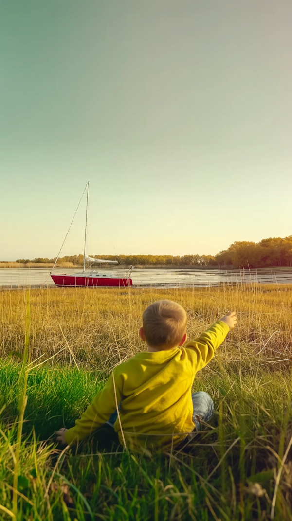 Serene Outdoor Scene with Child and Sailboat
