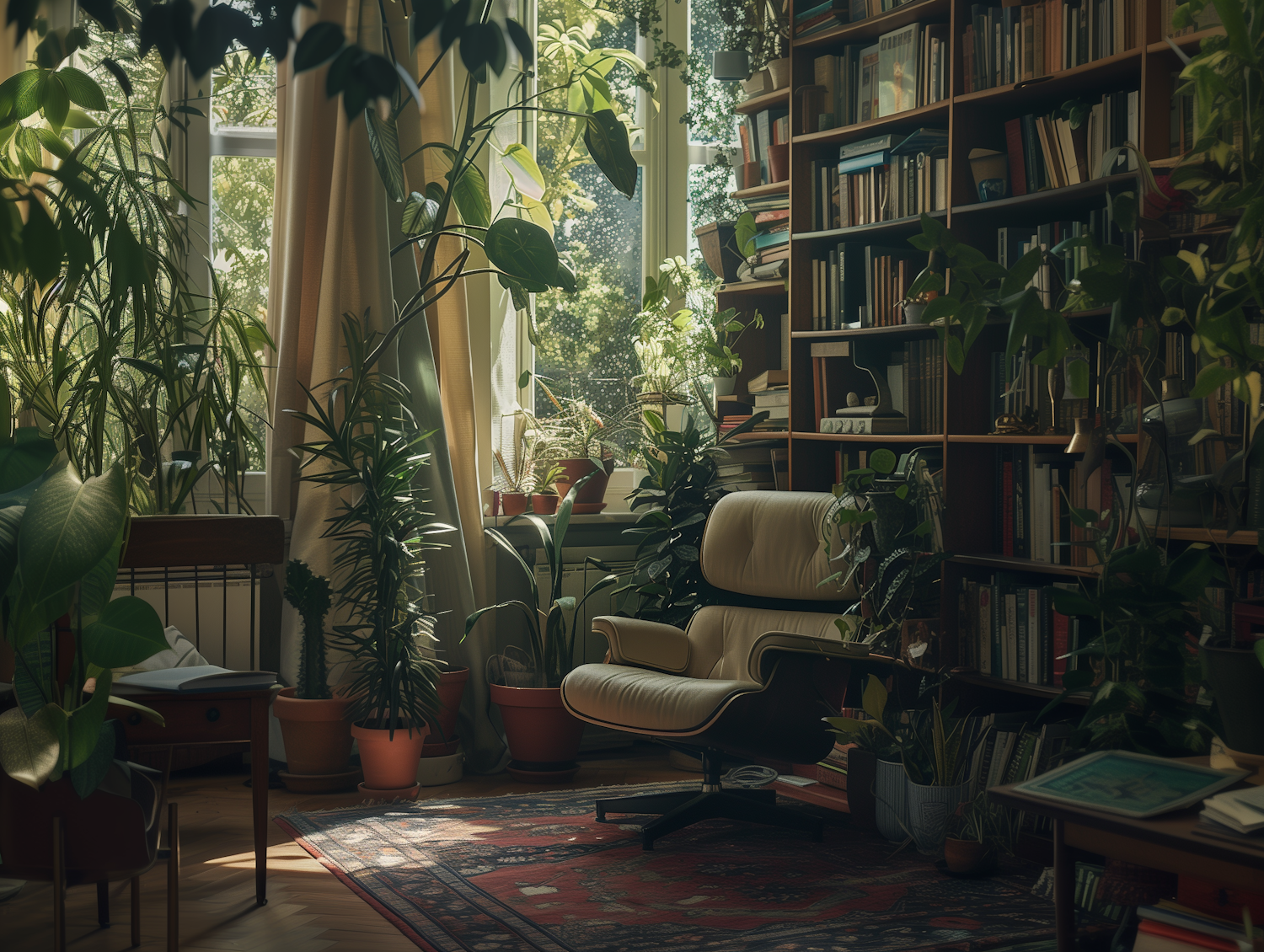 Tranquil Indoor Oasis with Plants and Books