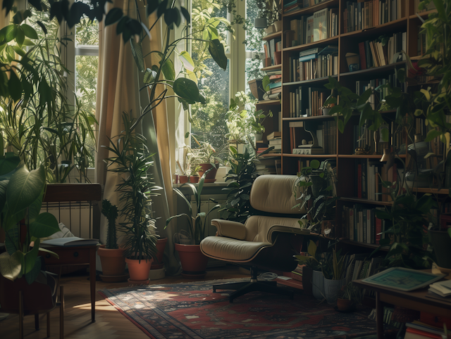 Tranquil Indoor Oasis with Plants and Books