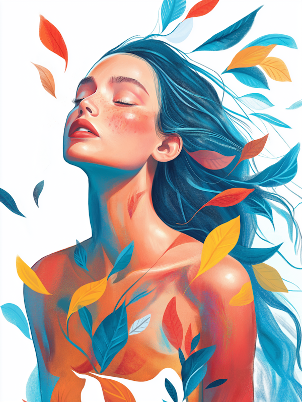 Serene Woman with Colorful Leaves