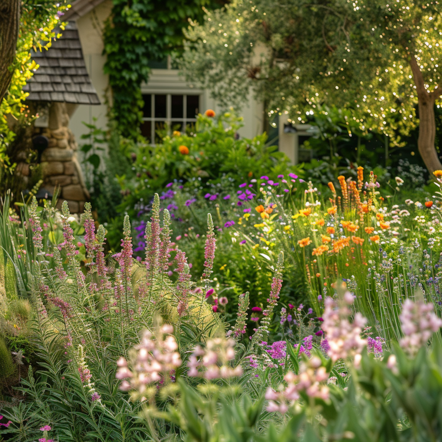 Lush Garden with Rustic Cottage