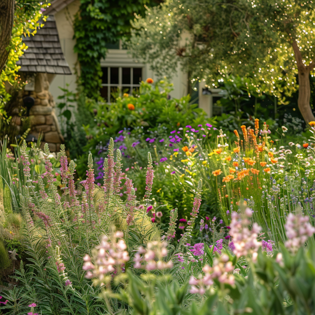 Lush Garden with Rustic Cottage