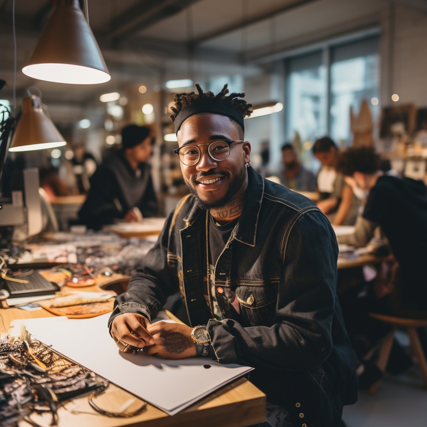 Cheerful Creative with Short Dreadlocks and Facial Tattoos in a Bustling Workshop