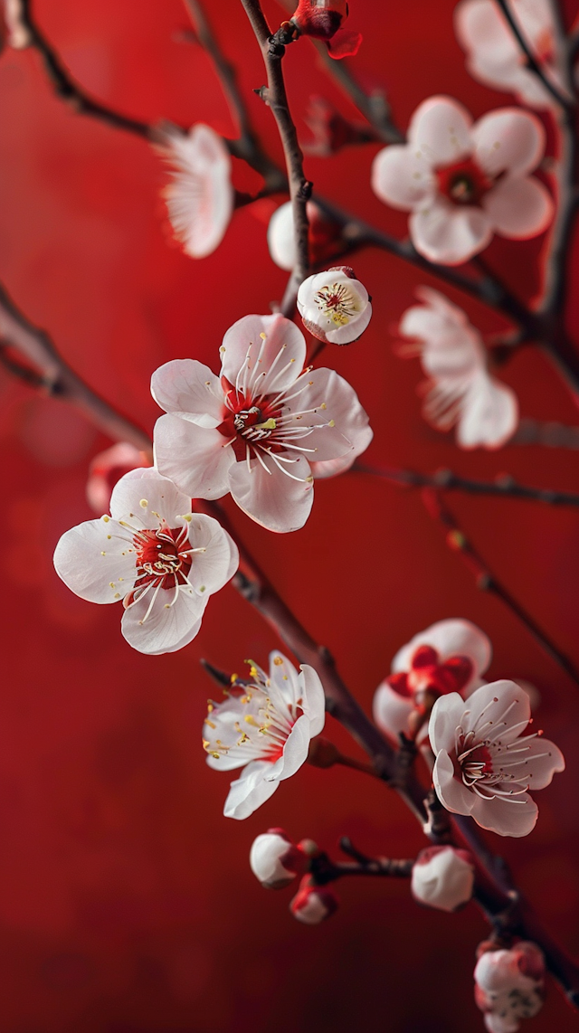 Vivid Cherry Blossoms on Red