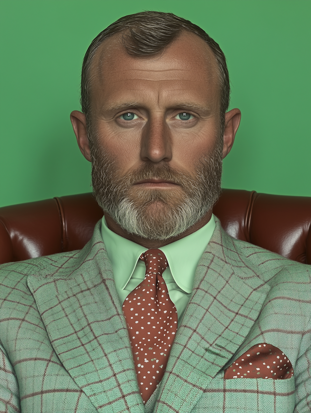 Man in Green Suit with Serious Expression