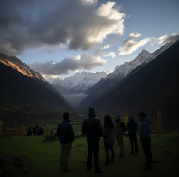 Serene Dawn with Onlookers at Snow-Capped Mountains