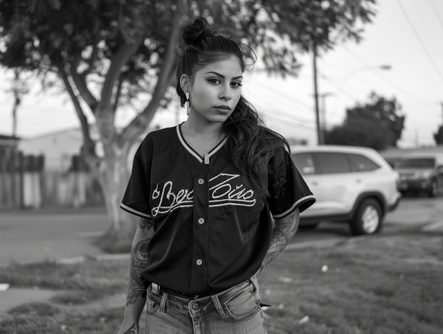 Intense gaze of a tattooed woman in a baseball jersey