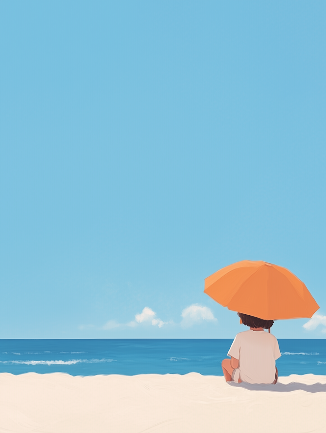 Solitude on the Beach under Orange Umbrella