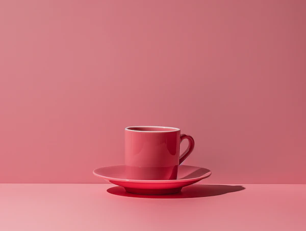 Red Cup on Saucer with Pink Background