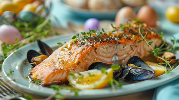 Glazed Salmon with Mussels