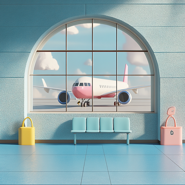 Stylized Airport Waiting Area with Airplane View