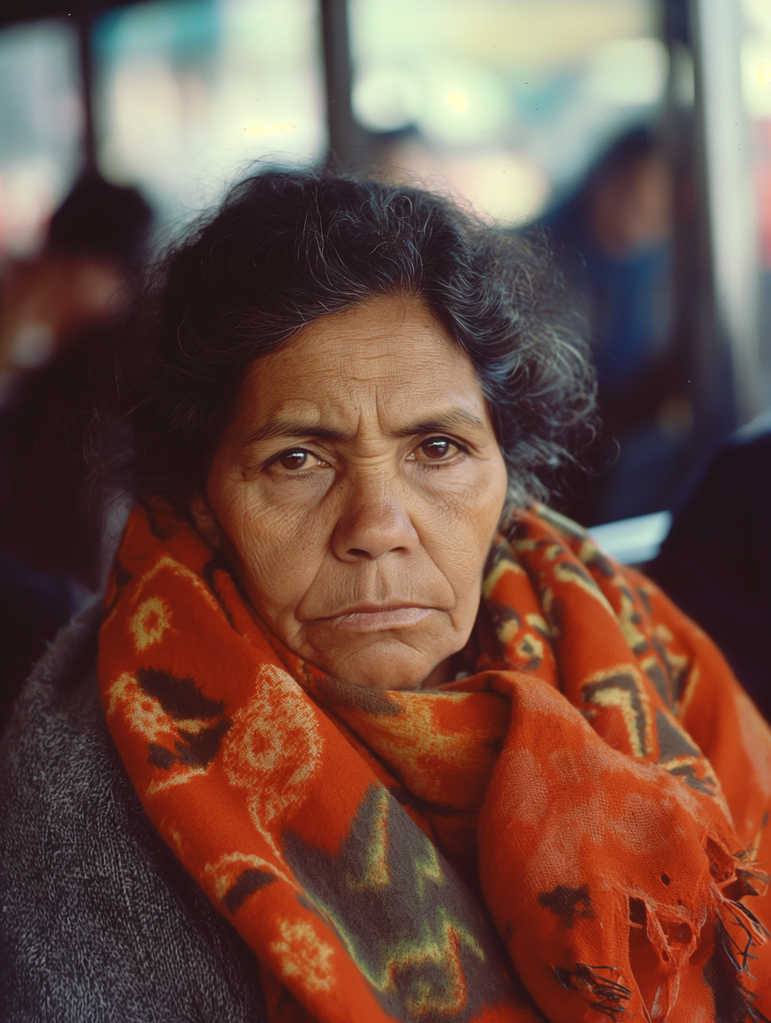 Contemplative Latina Matriarch with Vibrant Orange Scarf