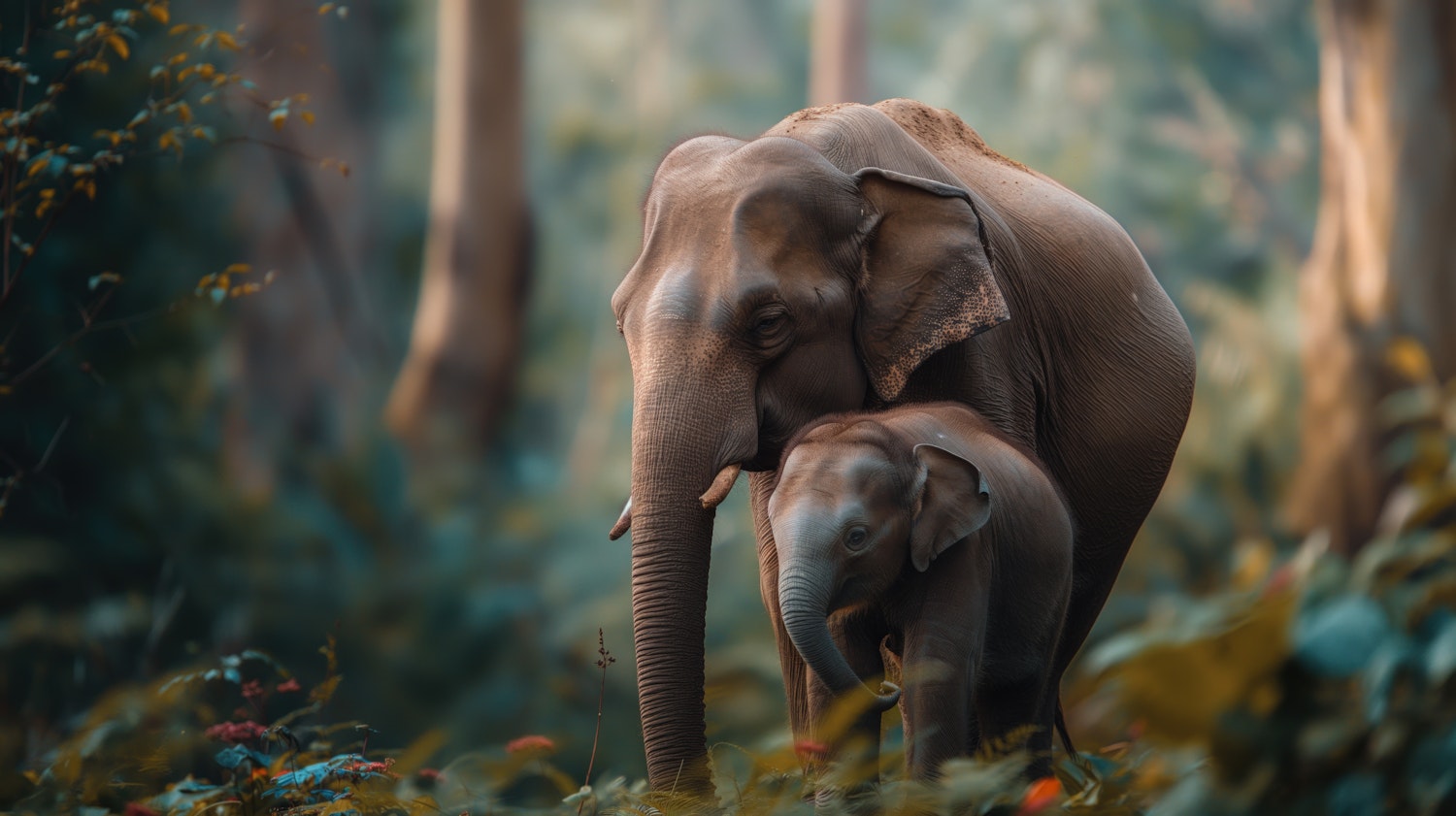 Protective Elephant Mother with Calf