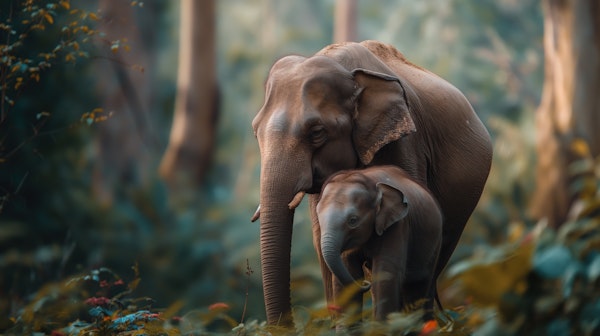 Protective Elephant Mother with Calf