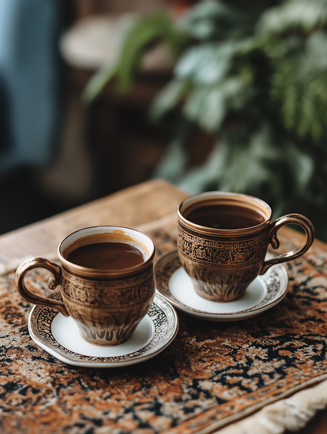 Ornate Coffee Cups on Oriental Rug