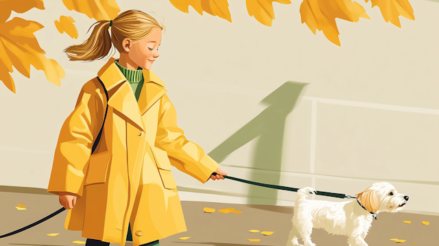 Autumn Stroll with a Small White Dog