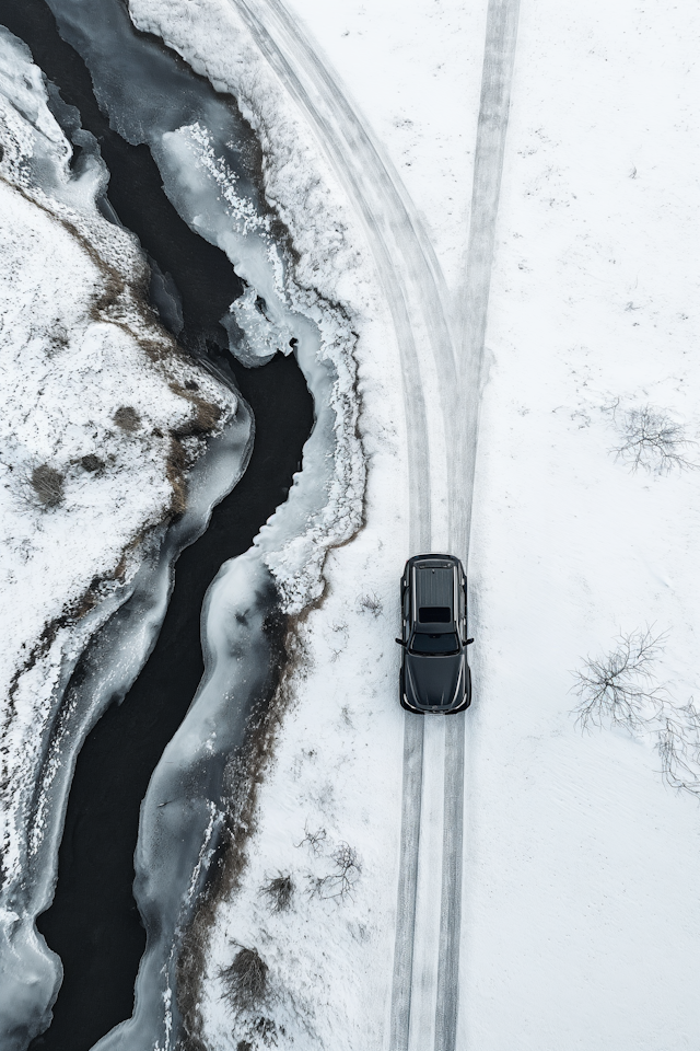 Aerial View of Snowy Landscape with Car