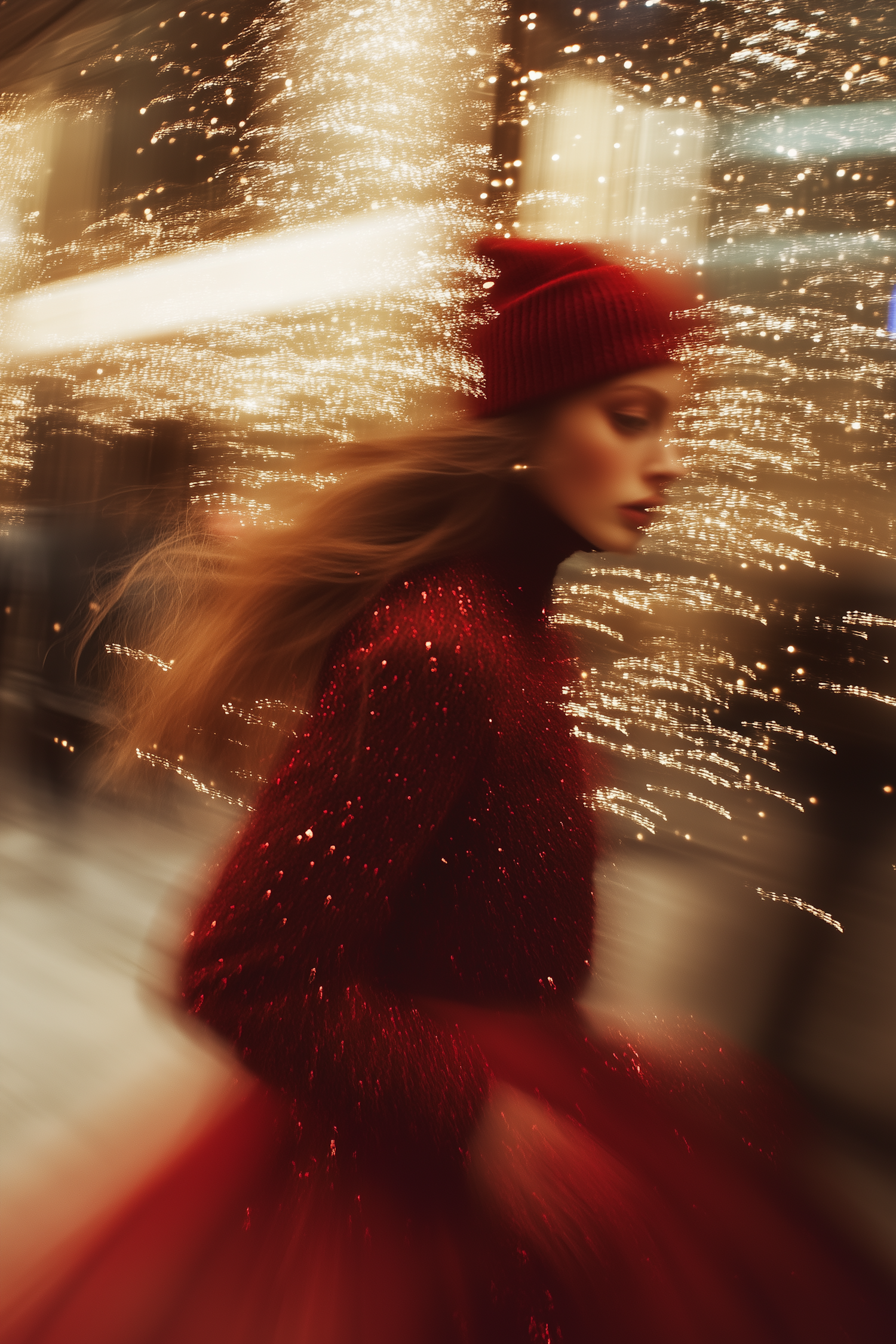 Woman in Motion with Festive Lights