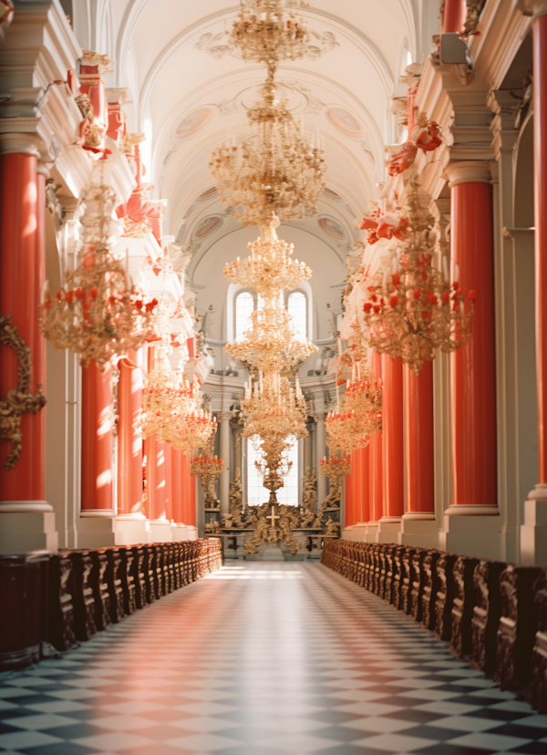 Grand Cathedral Interior with Red Columns and Chandelier Elegance