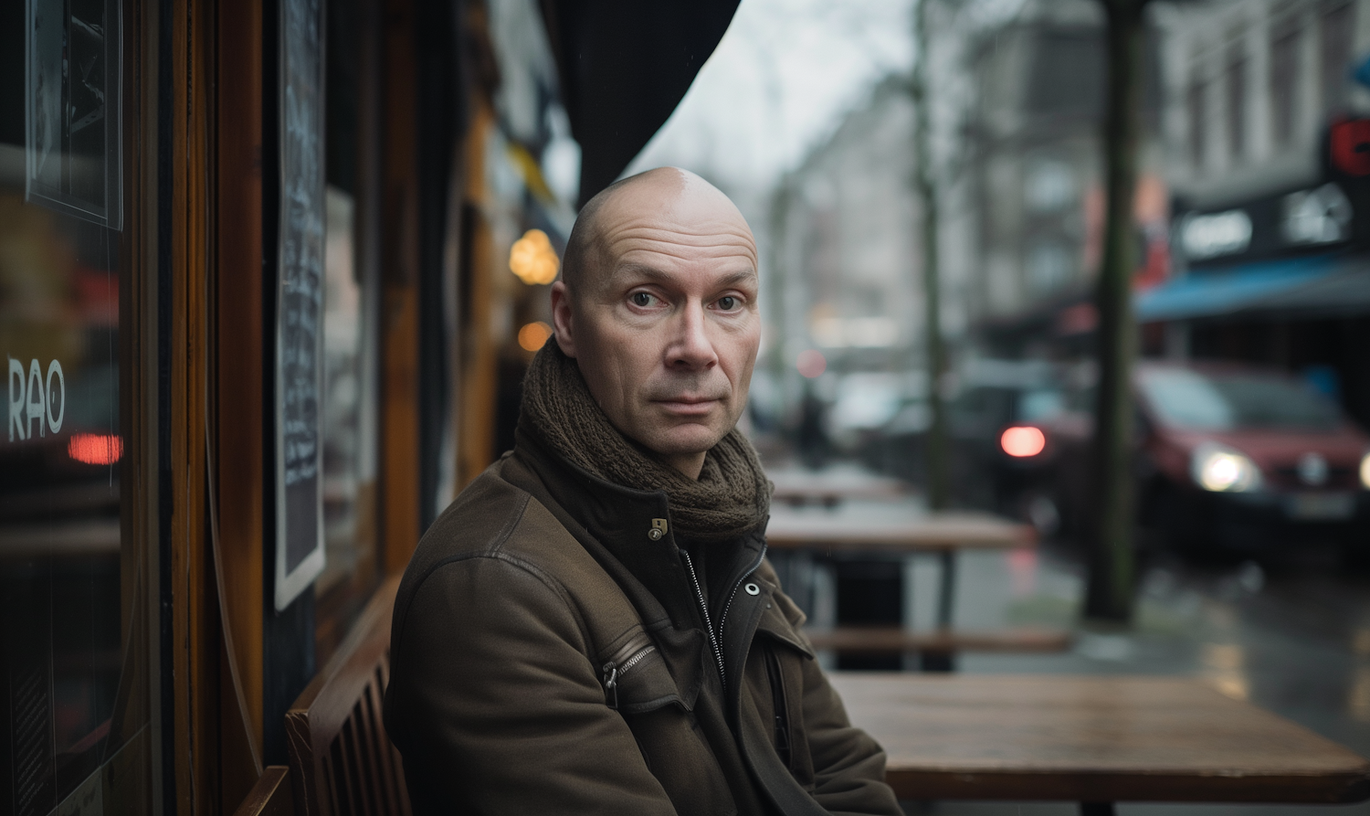 Man in Contemplation Outside Café