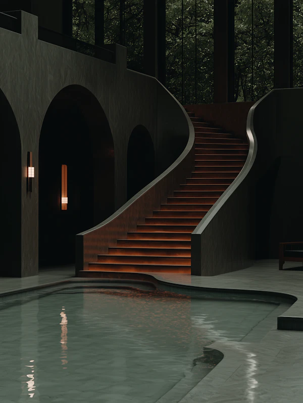 Serene Indoor Setting with Grand Staircase