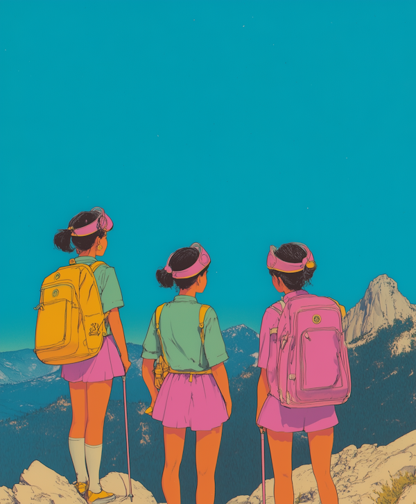 Adventurous Trio in Mountainous Landscape