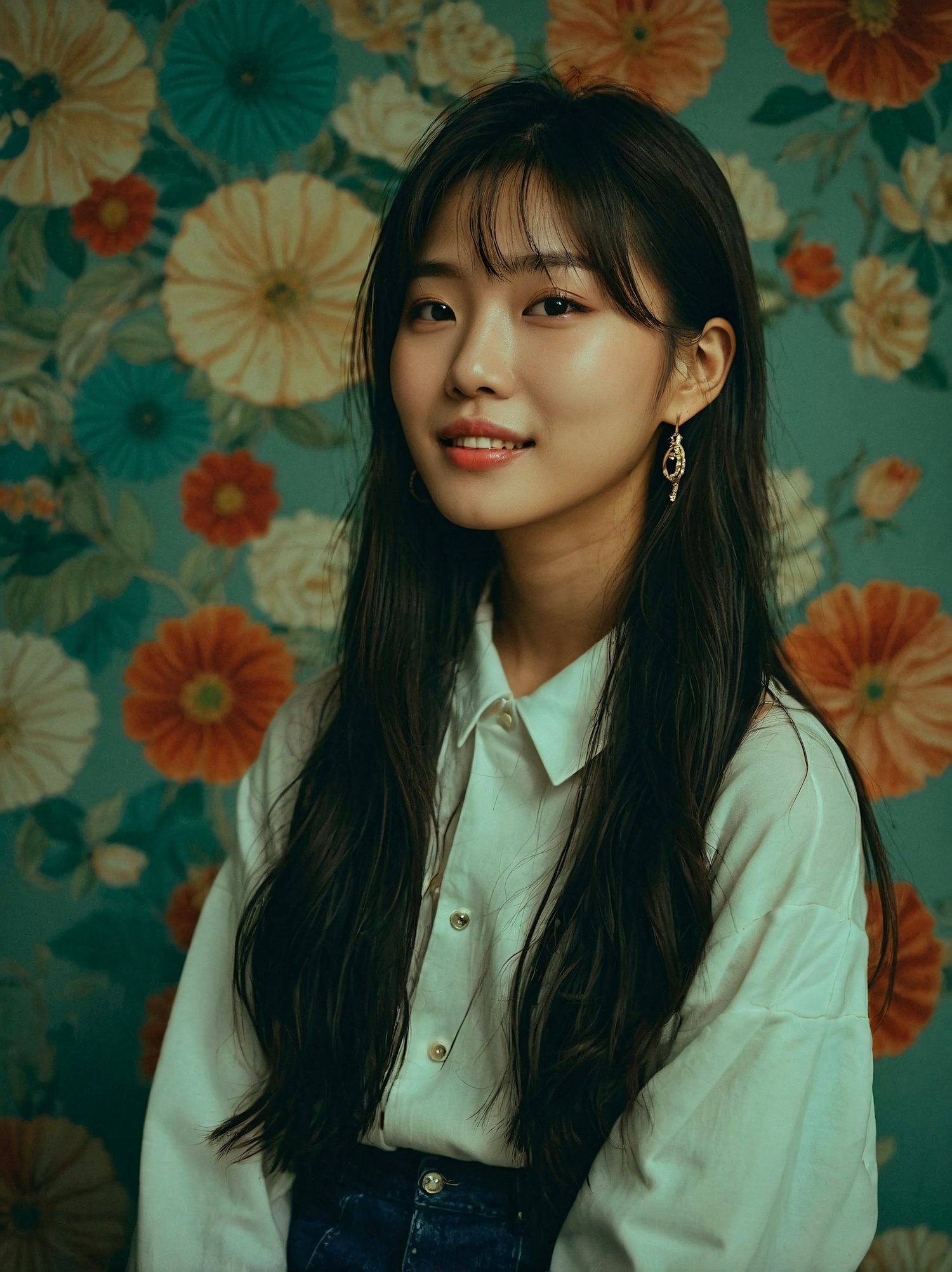 Portrait of a Young Woman with Floral Background