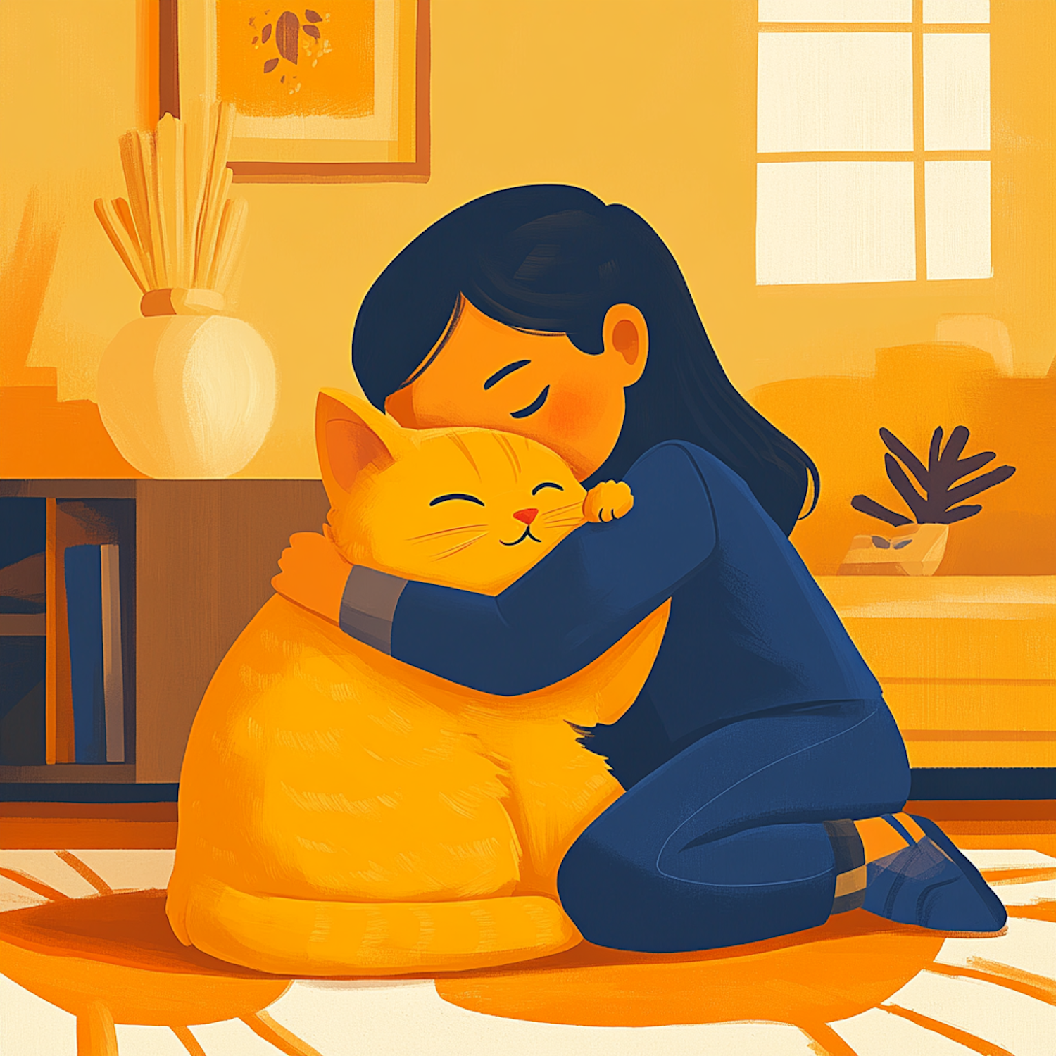 Young Girl Embracing Orange Cat