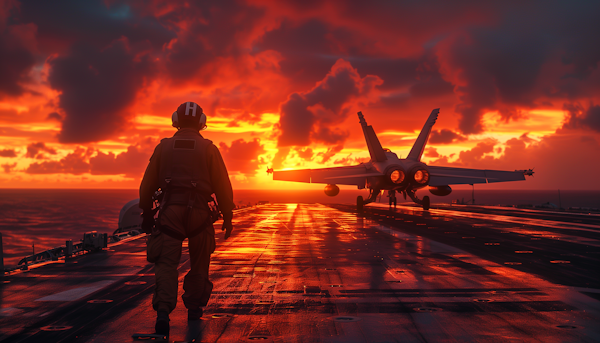 Silhouetted Pilot on Aircraft Carrier at Sunset